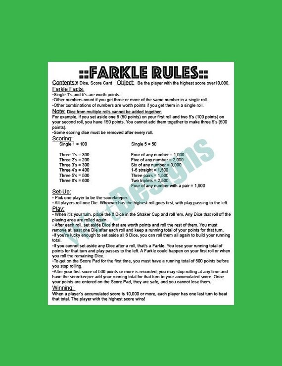 Farkle Printable Rules Printable World Holiday