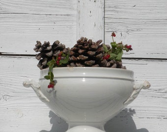 Antique white ironstone shabby chic tureen, antique soupiere, white ironstone tureen, shabby chic French, country home, cottage chic, Gien