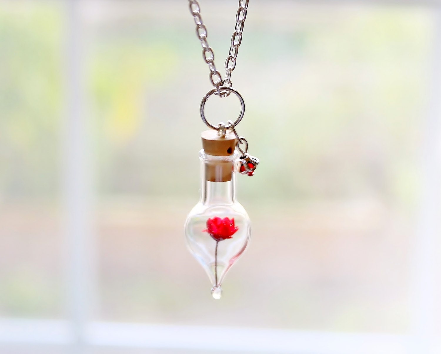 Terrarium Necklace Red Flower Nature Terrarium Jewelry Unique