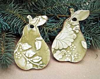 TWO Ceramic Pear Christmas Ornaments Holiday Decor Sage edged in gold