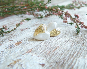 White gold stud earrings polymer clay jewelry heart earrings bridesmaid gift resin earrings wedding earrings bridal earrings gold earrings