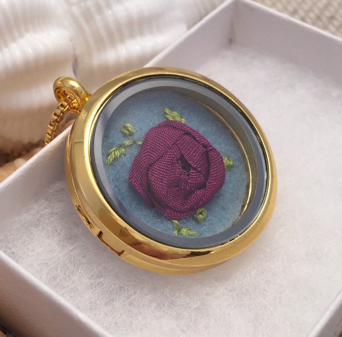 Purple Rose Necklace Silk Ribbon Flower Jewelry by SewnbytheBeach