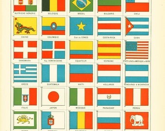 1897 Marine Navigation Flags Sailing signals, antique large size Larousse print, french antique, framing scrapbooking