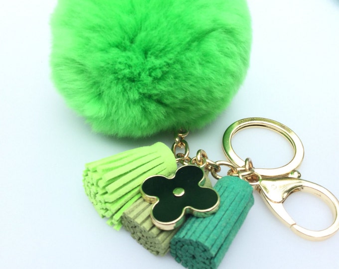 Neon Green Rex Rabbit Fur Pompon bag charm pendant Fur Pom Pom keychain with flower charm and tassels