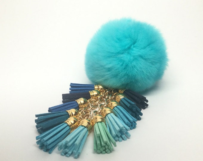 Fur Pom Pom "Aqua Blue Fringe" charm ball pompon bag charm tassel keychain with tassel elements charms