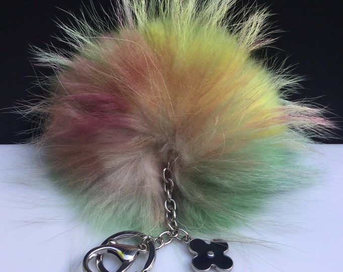 NEW Tropical Swirl™ Multi Color Raccoon Fur Pom Pom bag charm clover flower charm keychain piece no.317