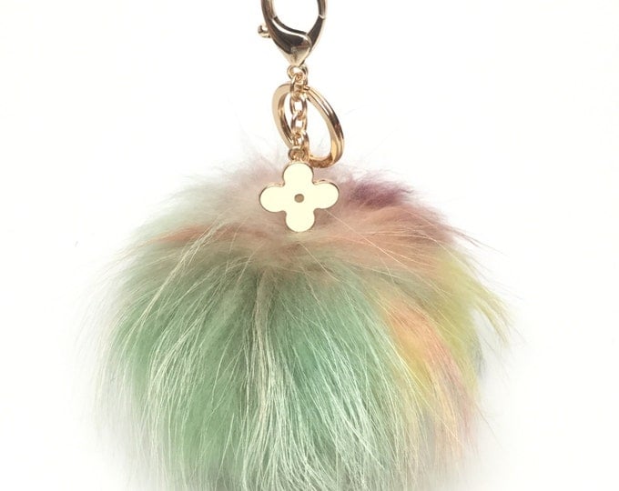 NEW Collection Dimensional Swirl™ Multi Color Raccoon Fur Pom Pom bag charm clover flower charm keychain piece no.266