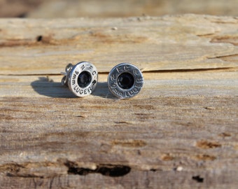 9mm Luger Bullet Jewelry Ammo Earring Studs with Gunmetal Black Crystals and Nickel Free Posts-Ready to SHIP