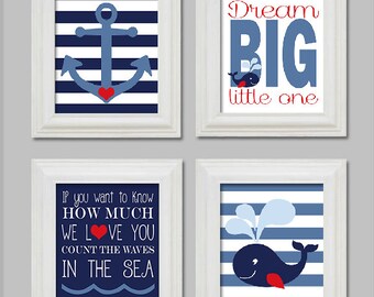 8X10 - Nautical Nursery Art Prints - Little boy nursery - Anchor and whale - Count the waves in the sea - Dream Big Little One - Printable