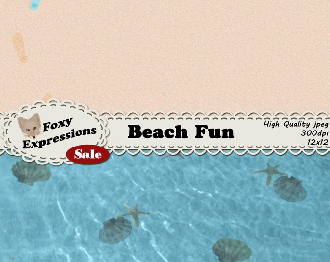 Beach Fun digital scrapbooking paper comes with beach towel, waves, shells, starfish, water, footprints and sand all in blue, green & cream