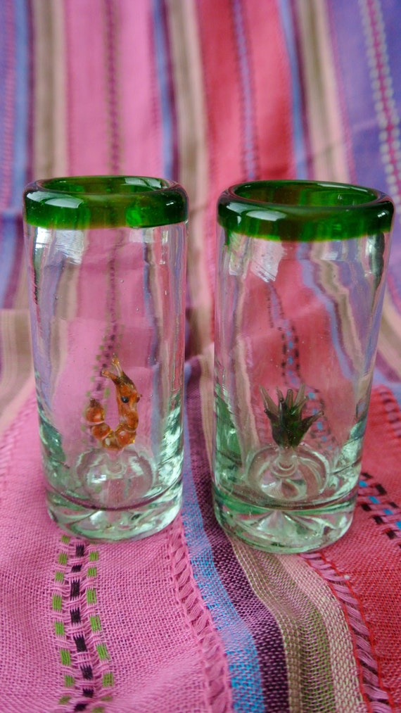 Set Of Two Mexican Hand Blown Shot Glasses T Ready