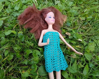 Barbie Doll’s turquoise crocheted dress, a present for a girl, turquoise clothing for a Barbie Doll