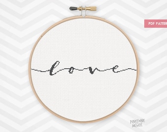 CURSIVE LOVE counted cross stitch pattern, quick saying, easy word typography, simple beginner xstitch inspirational baby nursery home pdf