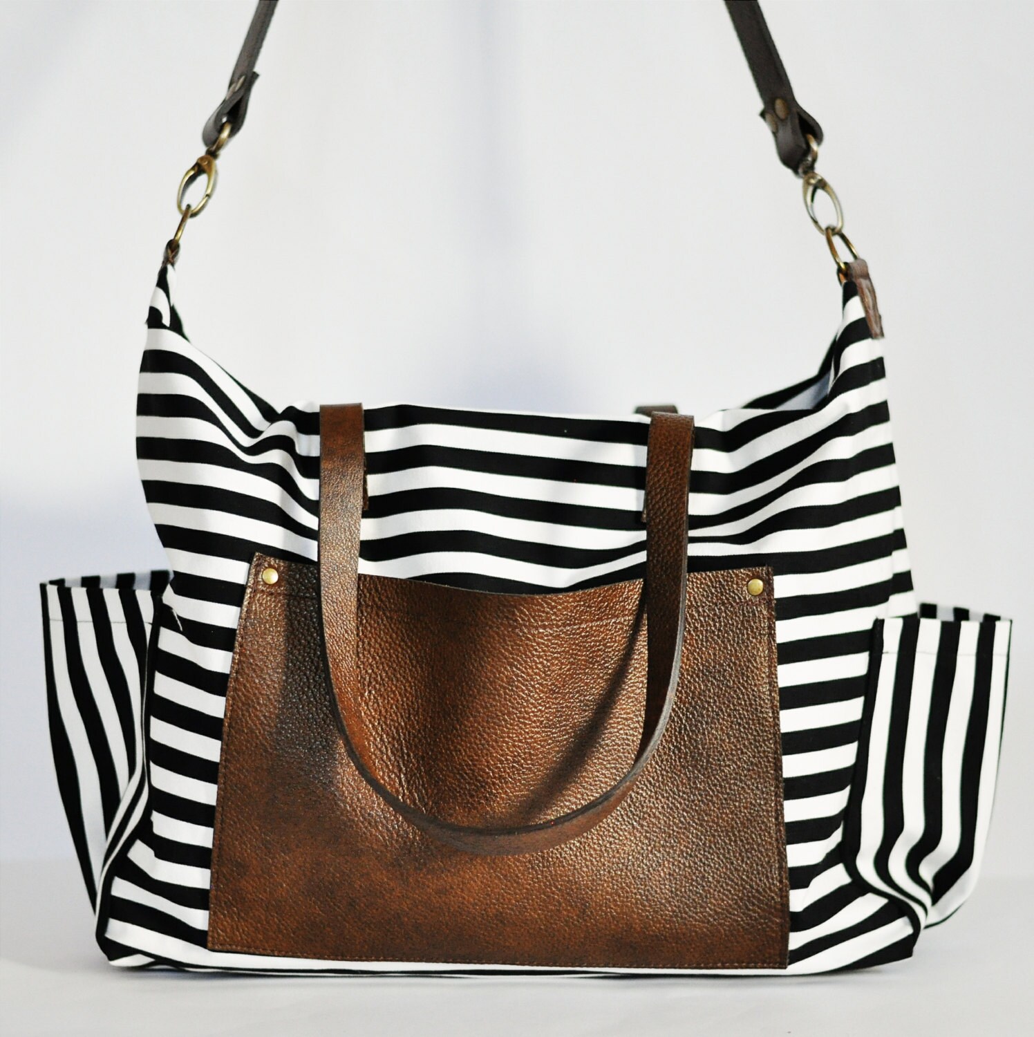 Black and White Stripe Canvas and Chocolate Leather Diaper Bag