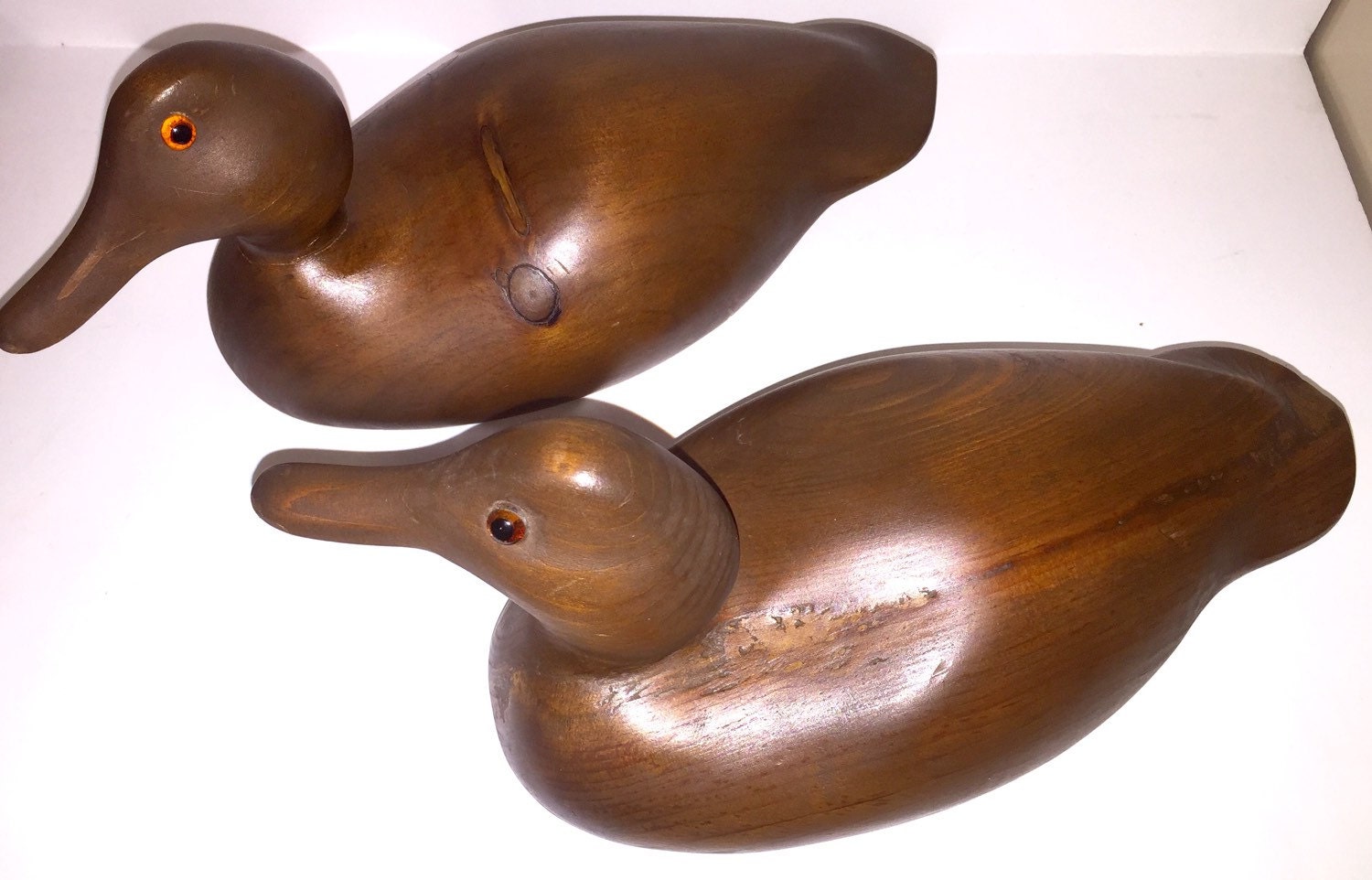 Vintage Elegantly Hand Carved Teak Wooden Pair of Duck Decoys