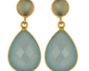 14K gold vermeil faceted aqua blue green chalcedony teardrop dangle drop earrings