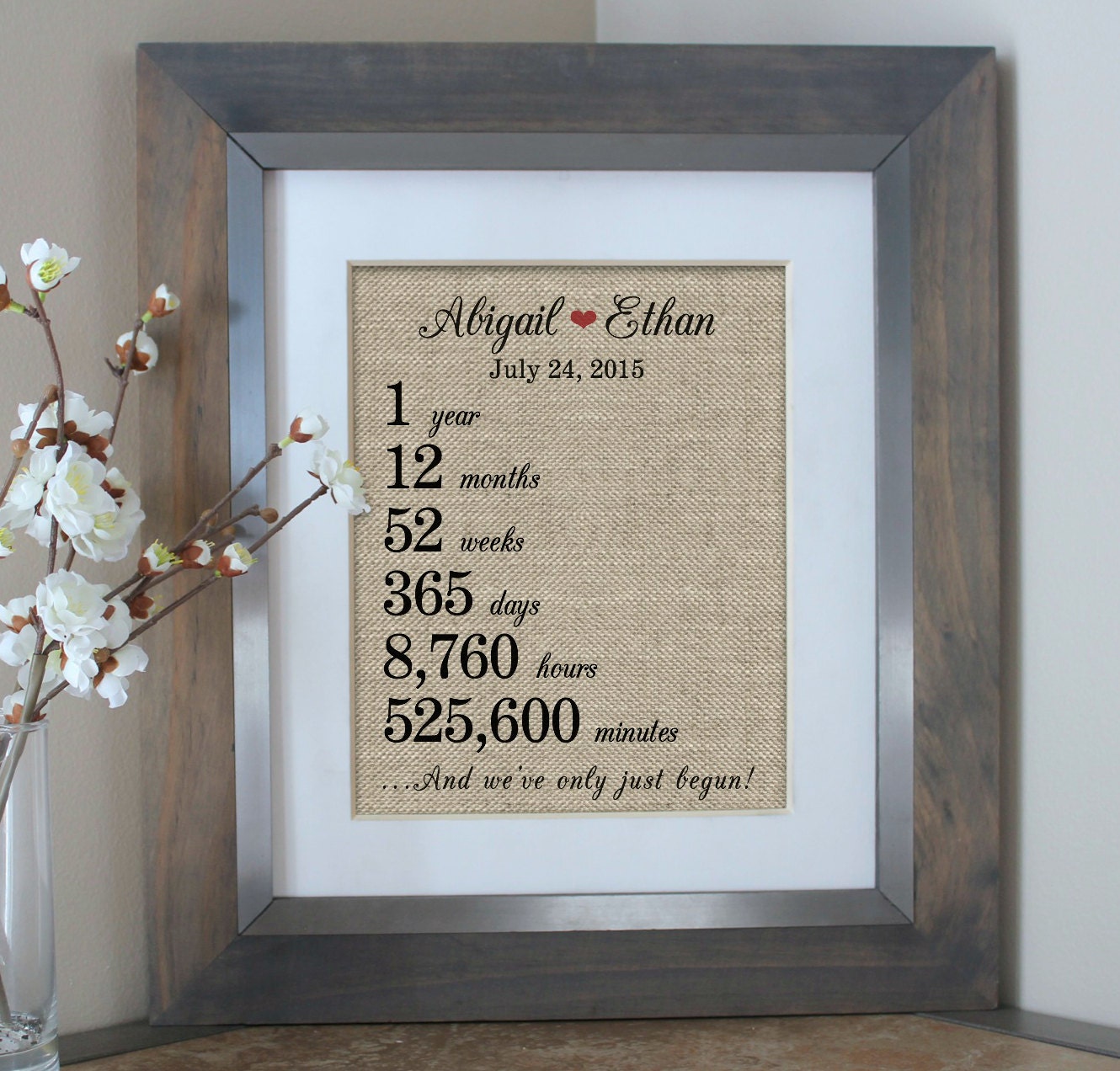 1 Year Together 1st First Anniversary Burlap Print Weeks