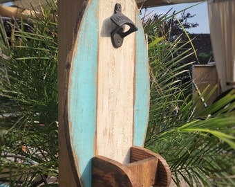 Surfboard Wood Bottle Opener with Fin Cap Catcher Rustic Reclaimed Wood Kitchen Tiki Bar Decor, Custom Color Options