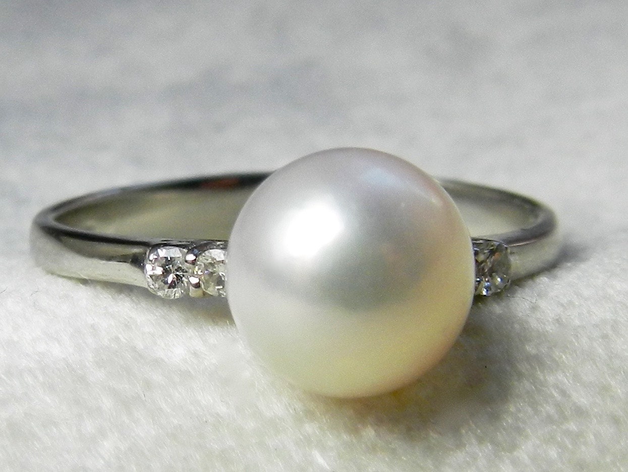 Vintage Pearl Engagement Ring Unique Engagement Platinum Ring