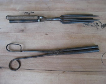 Vintage double hair crimper/curler with wooden handles and single one in iron.