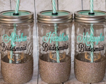 bridal party mason jar tumbler // glitter cup // wedding tumbler // bridesmaid gift // maid of honor gift // bridal party set // rustic