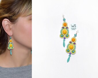 Long dangle earrings handmade. Bright fresh Earrings Soutache. Yellow, turquoise, purple. Bright summer jewelry. Handmade Jewelry