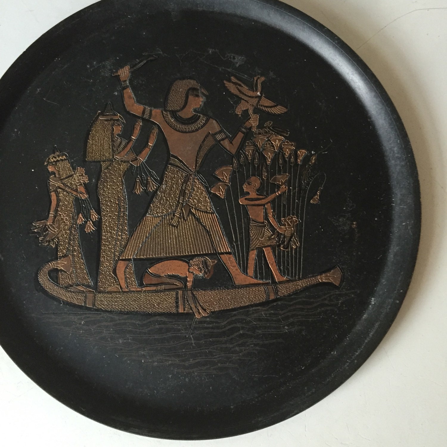 Vintage Brass Egyptian Plate Two Plates Patina Pharoh Nile