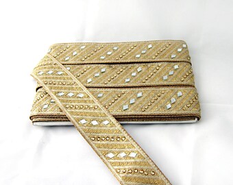 Saree Border, Gold Mirror Trim, Mirror work sari borders, Indian shining Trim, Dress border lace, dress decor, Home decor, Trim ribbon lace,