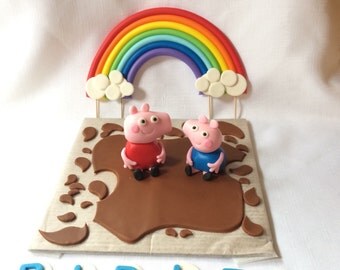 peppa pig cake topper edible fondant rainbow cake toppers decorations mud splatter birthday by SweetNewCreations