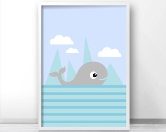 Whale Nursery Art Print, Baby Wall Art, Gray and Blue Nursery Decor, Baby Animal Nursery Print, Ocean Wall Art For Baby Boy Nursery Decor