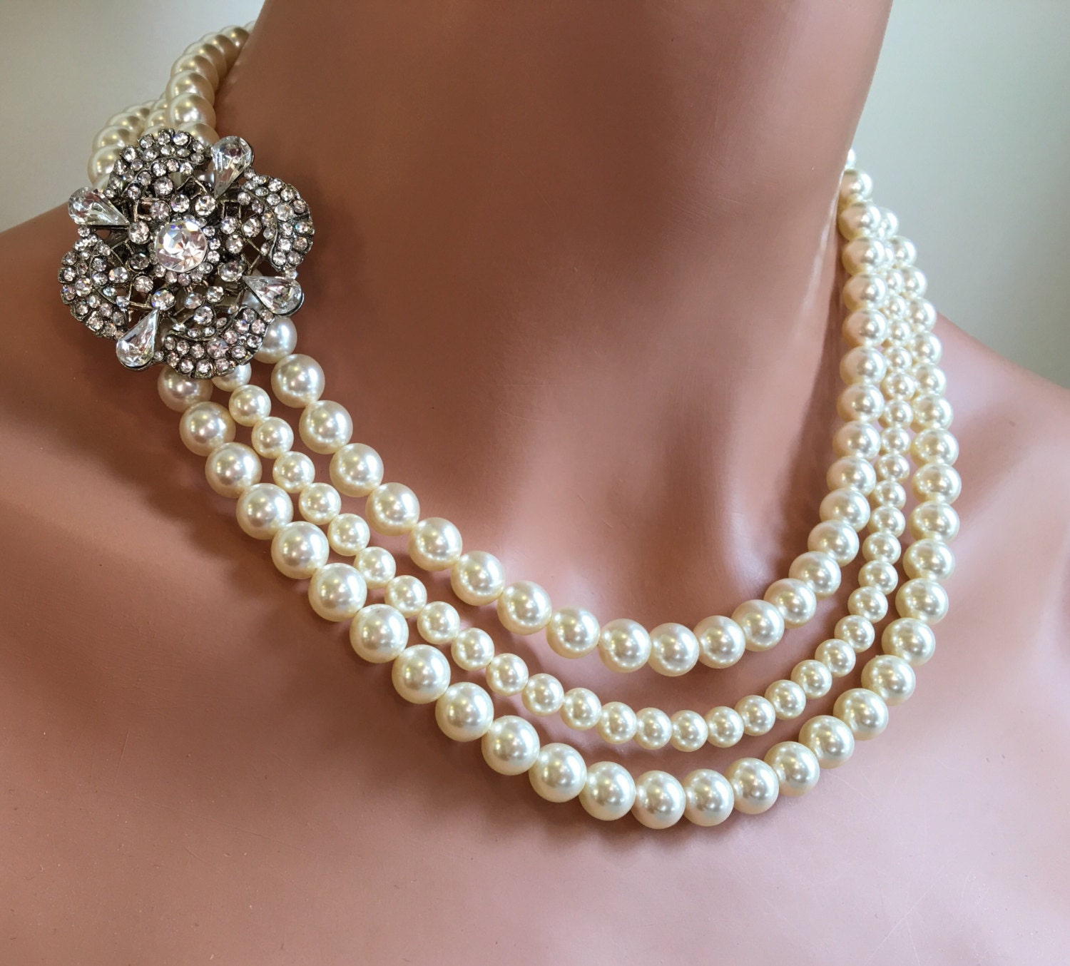 Pearl Backdrop Necklace with Brooch in 3 multi strands