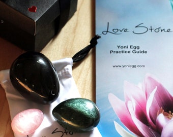 Yoni Eggs Set of 3 - Gift box, Pouch and Practice Guide - Genuine Certified Jade, Obsidian and Rose Quartz - DRILLED - Ultimate beginner Set