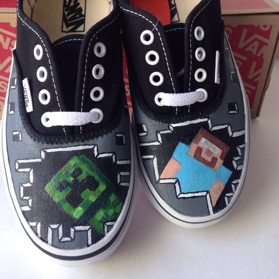 Minecraft inspired painted Vans with glow in the dark creepers