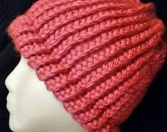 Pink Hand Knit hat Women's Shimmering yarn super soft acrylic with brim Valentine's Day Gift FREE SHIP US warm winter wear accessory beanie