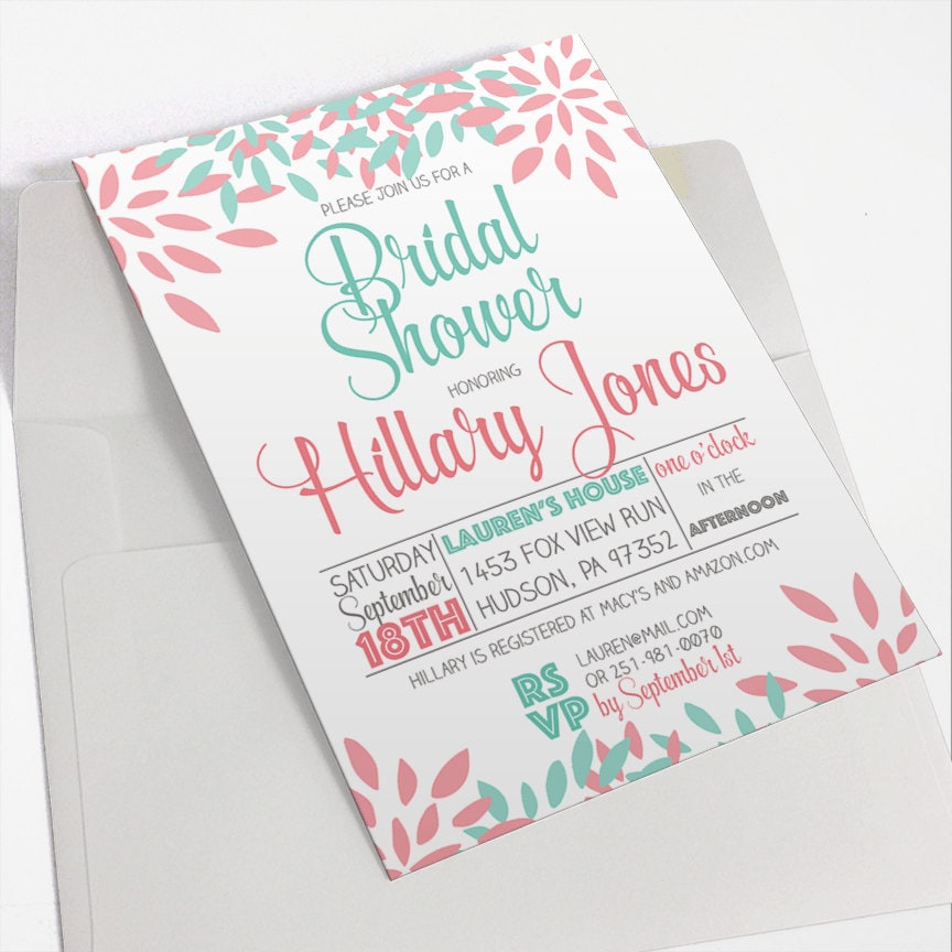 Mint And Coral Bridal Shower Invitations 1