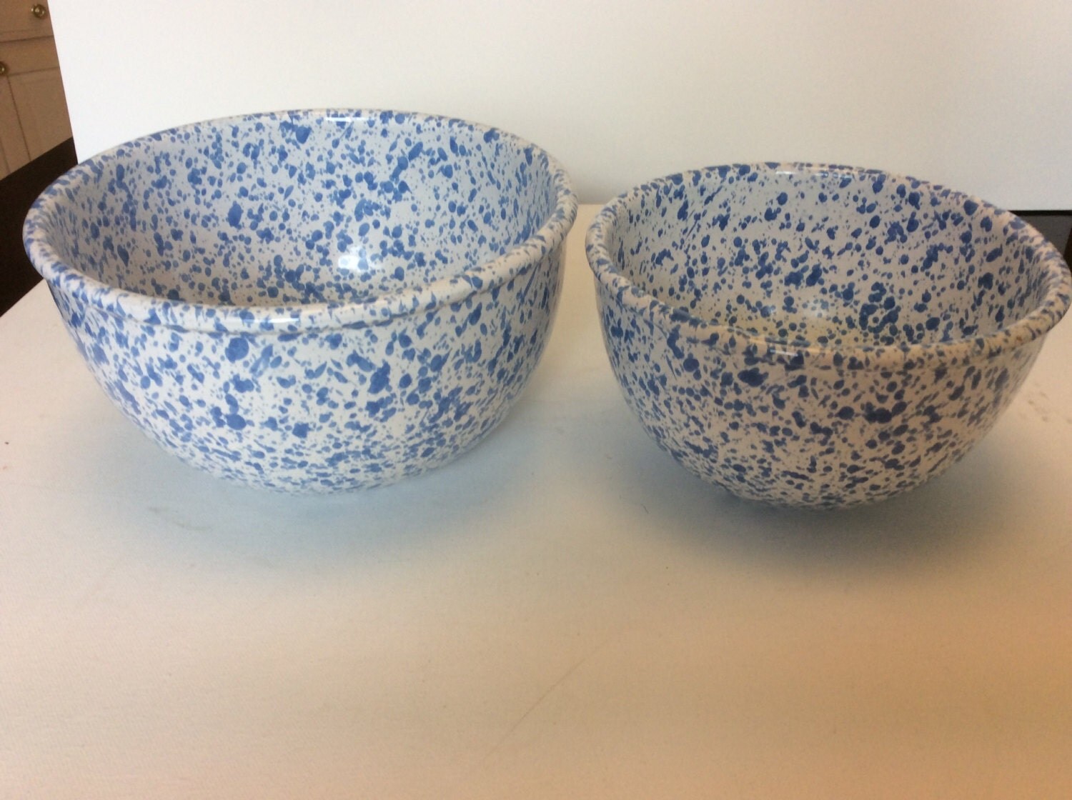 Vintage 2 blue and white sponge ware ironstone mixing bowls.