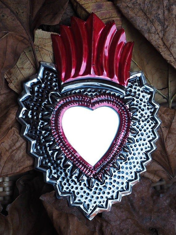 Mexican folk art mirror Tin Heart Miracle Milagro