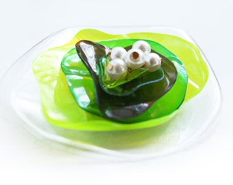 SALE Plastic Bottle Brooch, Up-cycled PET Bottle Jewellery, Neon, Pearl Embellishment