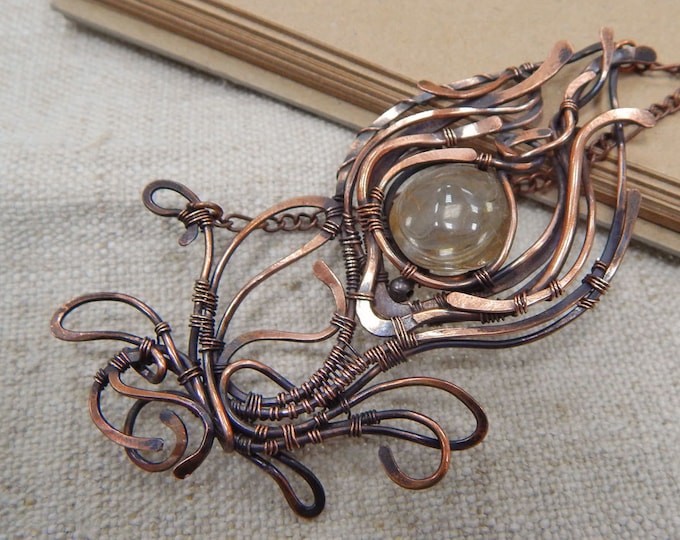 Graceful golden Rutilated Quartz pendant, Elegant necklace, floral style, Copper wire winding, Natural stone necklace, Semi precious jewelry