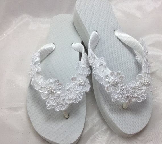White Bridal Lace Wedge Flip Flop Bridal Sandals Beach