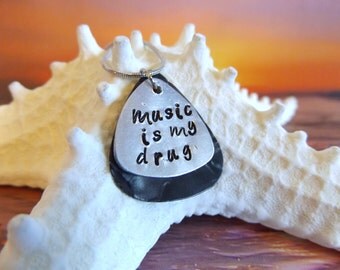 engraved guitar pick necklace, black, personalized, music is my drug, fine beach jewelry, ready to ship, gift for him boyfriend gift rocker