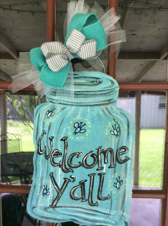 Burlap mason jar door hanger