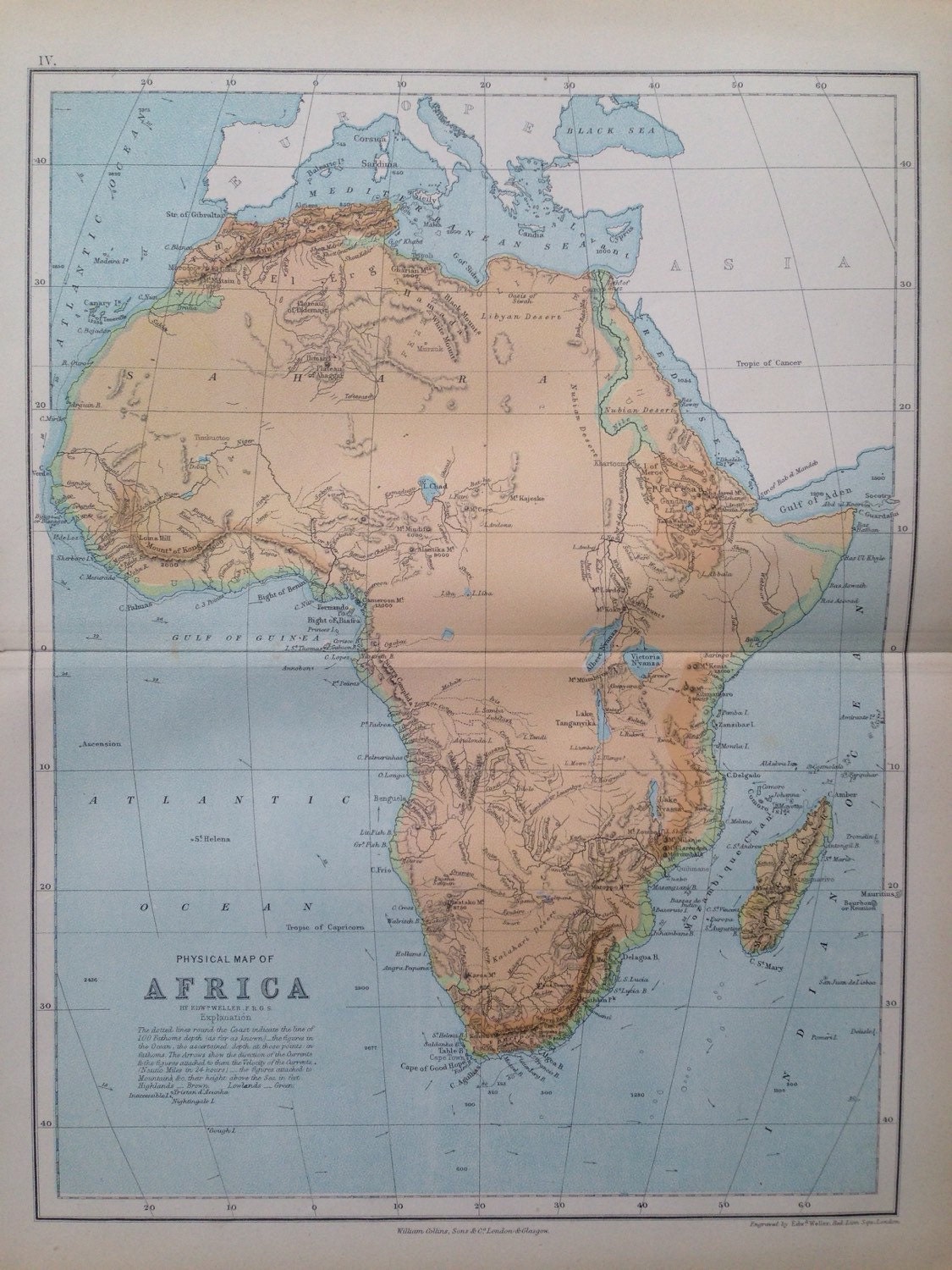 1871 Africa Physical map original antique map colour