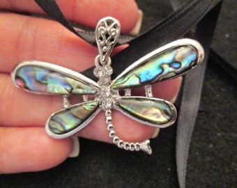 BLOWOUT SALE>>DRAGONFLY pendant>>Genuine Abalone Shell,sparkling cz's>> gorgeous detailing, brand new!!!