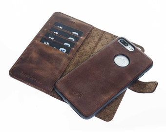 iPhone 7 Plus Magnet Wallet Case - Snap-on Case (2 Case in 1), 7 Plus Leather Case, Perfect for Cards and Cash in AnticBrown