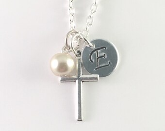 Personalized Cross and pearl Necklace, Initial Cross necklace, personalized cross jewelry, Confirmation necklace, Religious For Mother, gift