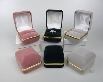 Luxury Velvet Ring Box Jewellery Gift Case - Metal Gilt Trim - Pink Black Grey Burgundy