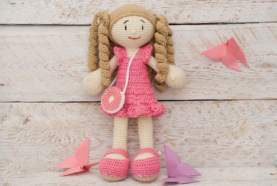Baby girl toy in a pink dress Crochet toy Soft by SmallDreamers