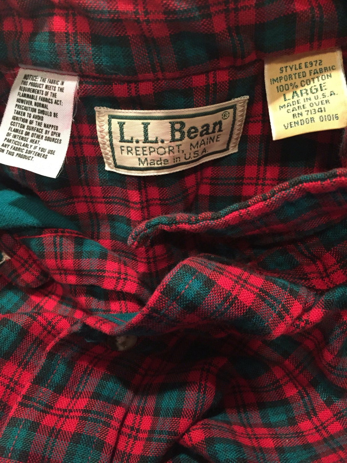 L. L. Bean Red Green Plaid Flannel Lined Shirt Large L Made in