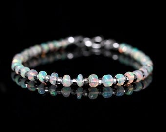 Genuine AAA Opal Bracelet, Natural Ethiopian Fire Opal Jewelry, 925 Sterling Silver Opal Bangle, October Birthstone, Gift for Girlfriend